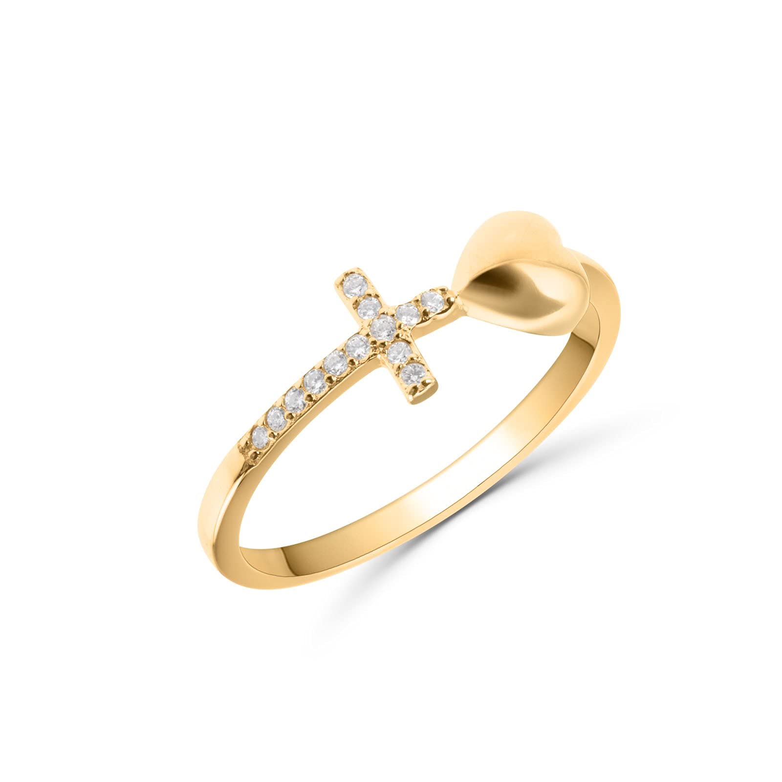 Ring Herz und Kreuz Damen 925er Silber 18 Karat vergoldet mit Zirkonia -,