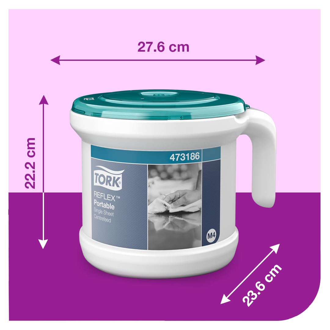 Tork Reflex Portable Starter Pack Toalla de papel de alimentación central y dispensadorBlancoo y turquesa M4, diseño robusto, 1 paquete, 473186 + recambio de papel de limpieza (1 unidad)
