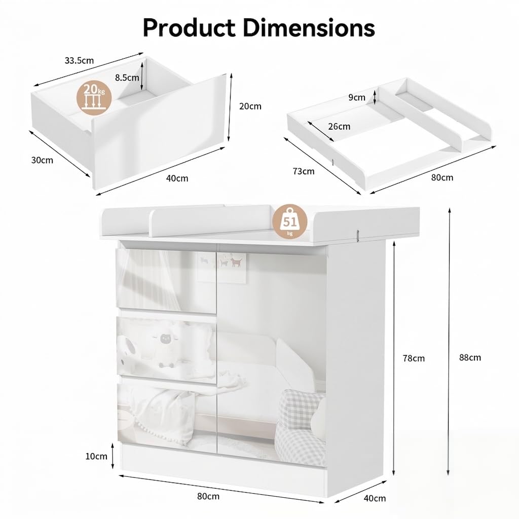 Cambiador de dos piezas, cómoda para bebés con cajones, cómoda para bebé de placas FSC, cómoda ergonómica para habitación de bebé, 80 x 74,5 x 88,3 cm
