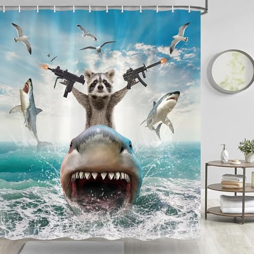 Image of TOMOZ Funny Animal Shower Curtain, Cool Raccoon Riding Shark Theme Ocean Shower Curtain for Bathroom, Fun Nautical Hilarious Fabric Bath Curtain with 12 Hooks 69 x 78Inch