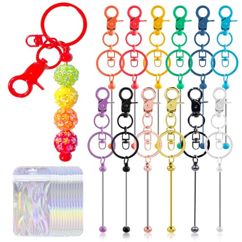 24 Pcs Beadable Keychains Bars bulk - 12 Colorful DIY Metal Beaded Keychain Making Kit + 12 Bags Included Bead Keychain Supplies Blank Key Chain Perfect for Women Men Mothers Day Birthday Gift