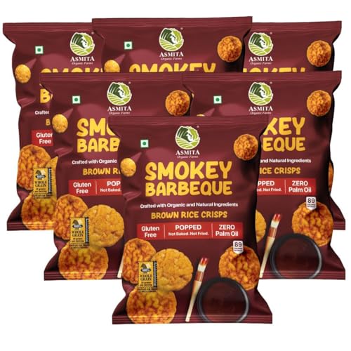 Image of Asmita Organic Farms Brown Rice Popped Crisps | Not Baked, Not Fried | Healthy Millet Snack | Smokey Barbeque Flavor | High-Fiber, Low-Calorie, Gluten-Free | Pack of 6 (55g Each)