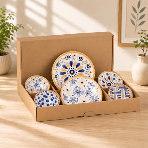Image of 6-Piece Ceramic Dinner Set, 2 Plates & 4 Bowls, Microwave Safe, Dishwasher Safe, Floral Dinnerware (Multicolor, 2 Plate & 4 Bowl Set)