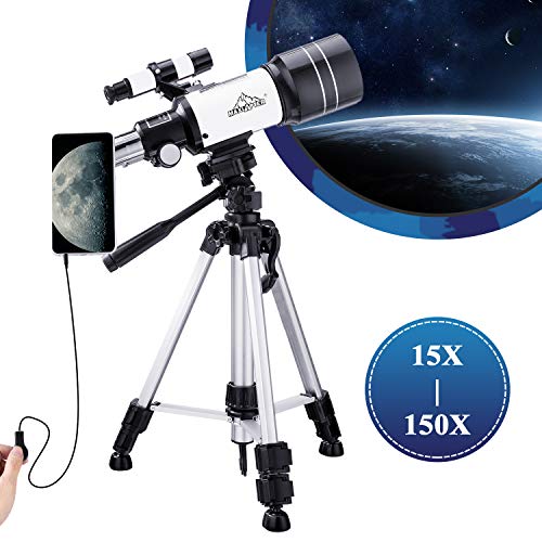 MAXLAPTER Télescope pour enfants débutants en astronomie 150X Portable Portée de voyage 300/70 HD Grand View Réfracteur avec volet de fil de caméra, adaptateur de smartphone et sac à dos
