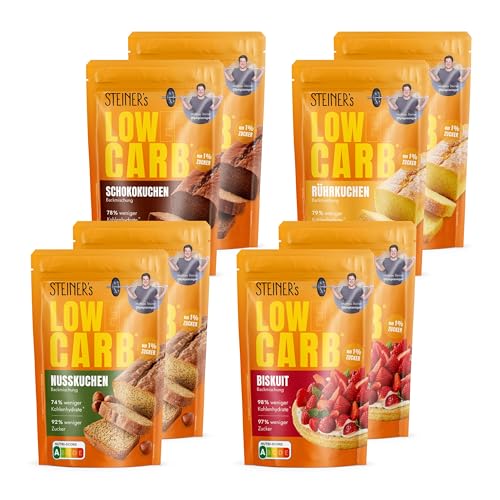 STEINER´s Low Carb Back Box groß | 78–98% weniger Kohlenhydrate | Schokoladenkuchen, Rührkuchen, Nusskuchen & Biskuit | Glutenfrei, ballaststoffreich & kalorienreduziert | 8er Set – je 2x pro Sorte
