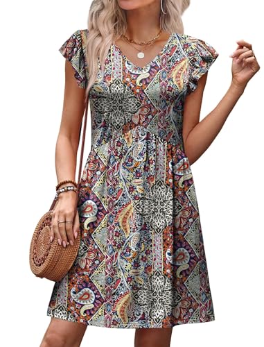 Image of OFEEFAN Summer Dresses for Women Beach Vacation Clothes V Neck Ruffle Sleeve Babydoll Dress Elegant Classy Sundress
