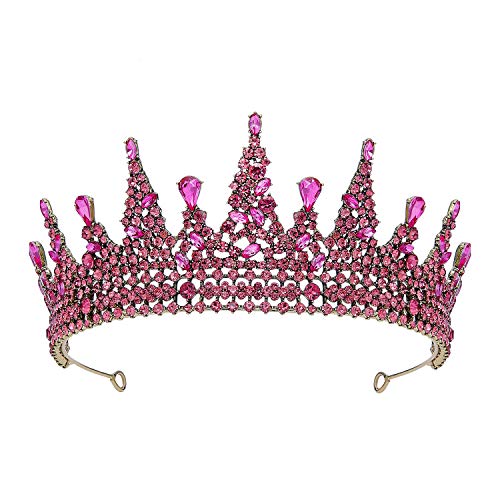 SWEETV Jeweled Baroque Tiara for Women, Crystal Queen Crowns and Tiaras, Costume Party Accessories for Wedding Halloween Prom,Hot Pink