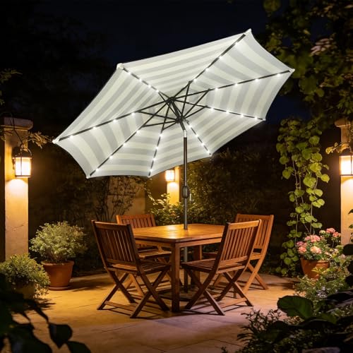 Image of Blissun 9 ft Solar Umbrella, Patio Umbrella with 32 LED Lights, Table Market Umbrella, Outdoor Umbrella for Garden, Deck, Backyard, Black & Beige