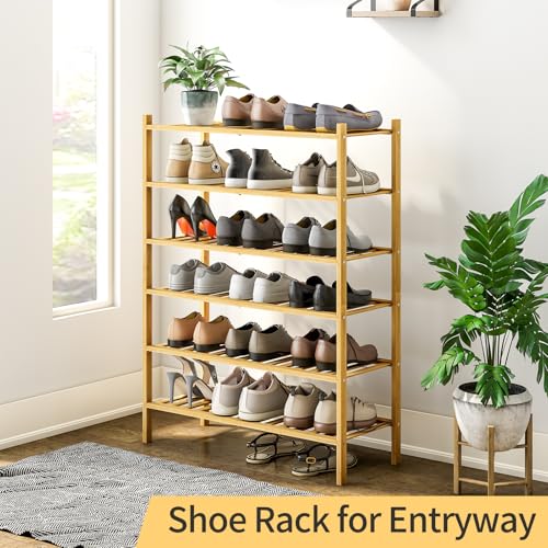 Image of 6-Tier Bamboo Shoe Rack for Entryway, Stackable | Heavy Duty | Multi-Function, Free Standing Shoe Racks for Bedroom Hallway Closet