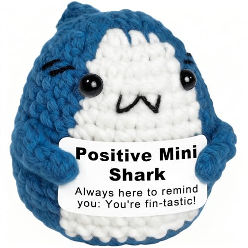 Krinisou Positive Animals Crochet Shark Gift – Mini Emotional Shark Plush with Support Message, for Coworker or Friend, Christmas Secret Santa Gift for Women Men