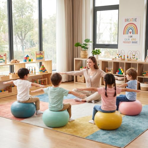Image of Lewtemi 4 Pcs Flexible Seating for Classroom Elementary, 20'' Yoga Inflatable Ball Chair for Kids, Wobble Chair Donut Ball Chairs with Inflator for Student Sensory Balance Exercise (Hippie Color)