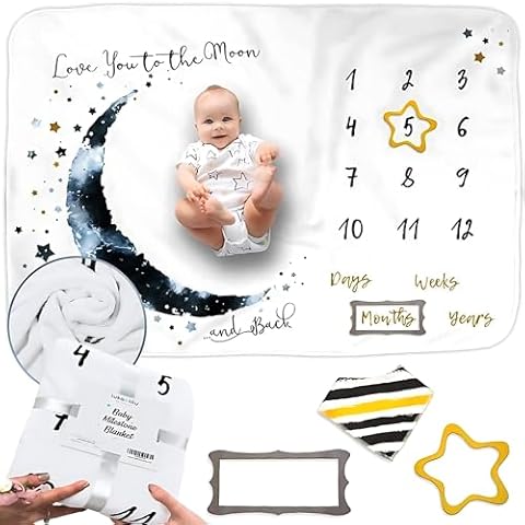 Luka&Lily Month Milestone Blanket- 60"x40" for Baby Boys - First Year Calendar Monthly Growth Chart, Moon - Shower Gifts Cover