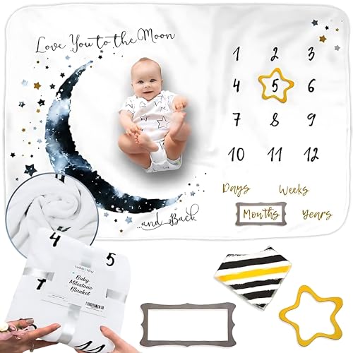 Image of Luka&Lily Month Milestone Blanket- 60"x40" for Baby Boys - First Year Calendar Monthly Growth Chart, Moon - Shower Gifts