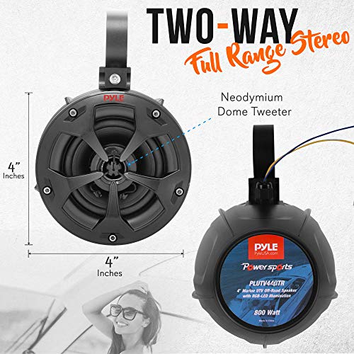 Pyle 2-Way Dual Waterproof Off-Road Speakers - 4" 800W Marine Grade Wakeboard Tower Speakers System W/Rgb Lights & Remote, Full Range Outdoor Audio Stereo Speaker For Atv/Utv, Jeep, Boat Plutv44Btr #TOP1