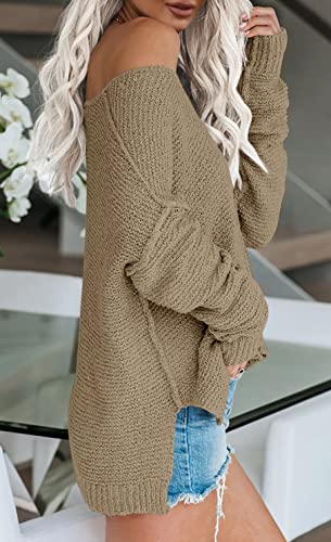 Image of Women's Off Shoulder Knit Sweaters Oversized V Neck Long Sleeve Loose Lightweight Pullover Tops