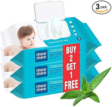 Mee Mee Caring Baby Wet Wipes with lid, 72 Pcs (Aloe Vera, Pack of 3)