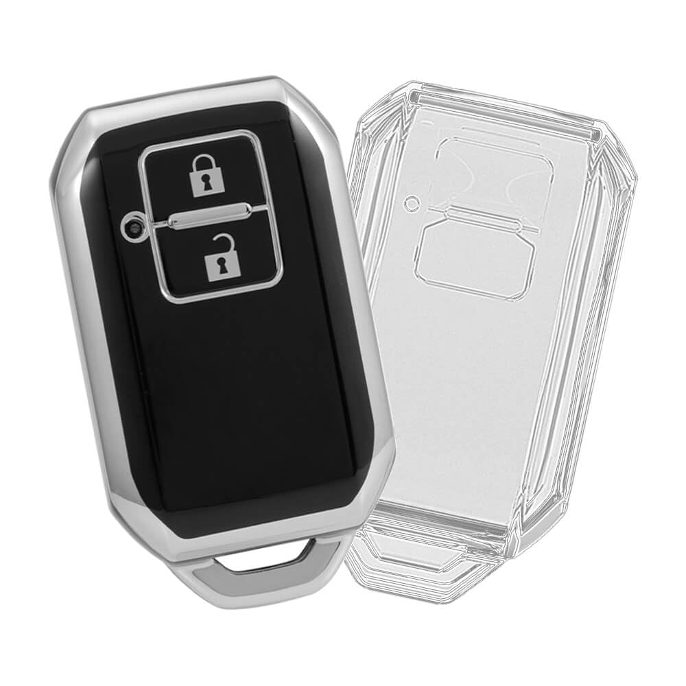 keyzone TPU Key Cover combo Compatible for Suzuki Fronx, Jimny, Grand Vitara, Brezza, Swift, Baleno. Ertiga, XL6, Ignis. DZire 2 button smart key (Clear TPU + Silver TPU)