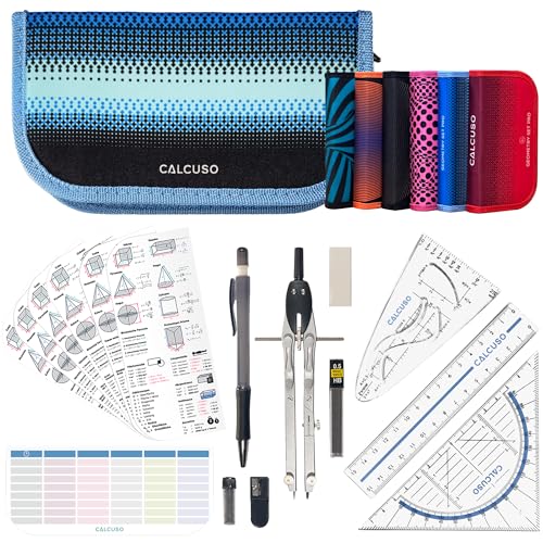 CALCUSO JUEGO DE GEOMETRÍA PRO en un estuche azul con compás y transportador - Estuche práctico para escuela, universidad, oficina y dibujos - Ideal como set de geometría para la escuela