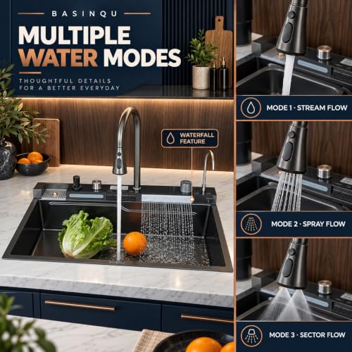 Image of BASINQU Piano Kitchen Sink 30x18x9 Inch Waterfall Kitchen Sink | 304 Grade Stainless Steel Kitchen Sink For Kitchen Basin with Integrated Waterfall & Pull Down Faucet Kitchen Sinks