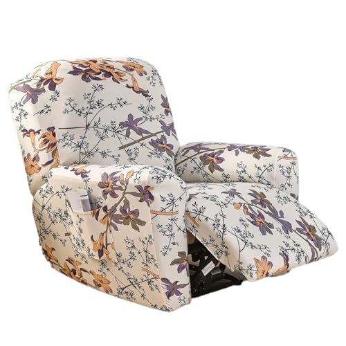 EBETA Coprisedia per poltrona, 4 pezzi, elastico, rivestimento per poltrona relax, rivestimento elasticizzato con tasche (gambo di fiore)
