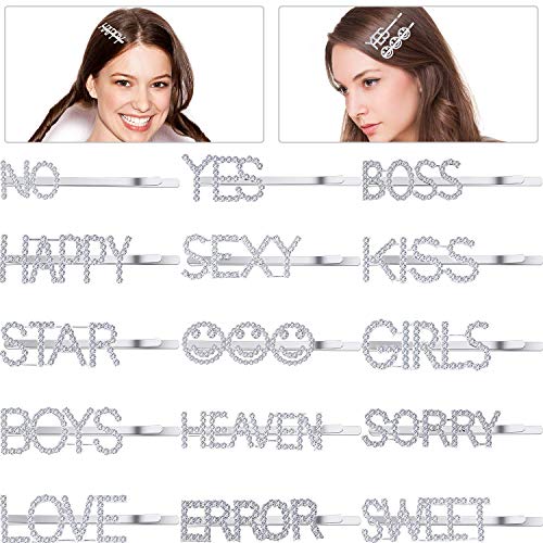 15 Pieces Words Letters Hair Clips Rhinestones Words Hair Pins Letters Bobby Pins Words Hair Clips Barrette Hair Accessories for Women Girls (Words)
