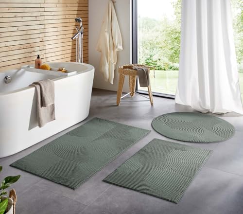 Taracarpet Badematte Homestyle rutschfest waschbar Badezimmerteppich Bad-Vorleger WC Deko Duschvorleger für Dusche und Badewannen sehr weich und kombinierbar Grün Wellen 050x080 cm