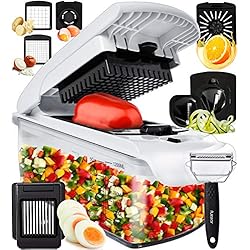 Picador De Verduras Fullstar Ajustable cortador manual de verduras 7 en 1 taza de verduras multifuncionales – Corte de verduras – Espiralizador de corte de verduras – Corte de tomate, patata, cebollas, Zoodle, cortador de huevos