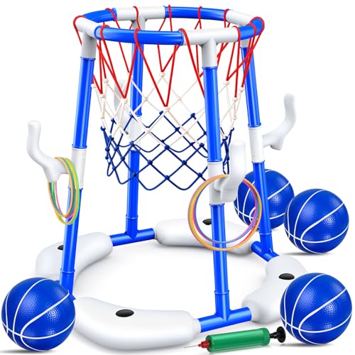 HaoVrisn Panier Basket Piscine 2 en 1, Jeux Piscine pour Enfants, 4 Ballons Flottants + 12 Anneaux + Pompe, Jouet Piscine d'Été pour Famille, Jeu d'Eau...