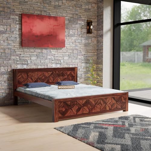 Image of Sheesham Wood Queen Size Bed Without Storage Solid Wooden Bed Furniture Elegant and Functional Bedroom Living Room Home Palang