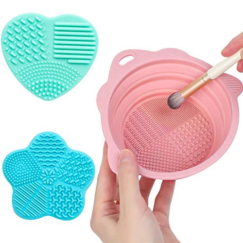 3 Pack Makeup Brush Cleaner Mat Silicone Heart Makeup Brush Cleaning Pad And Foldable Bowl Rubber,Starfish Shape Cleaning Tool,Make Up Brush Washer For Women Makeup Brushes,Powder Puffs,Sponges #TOP17