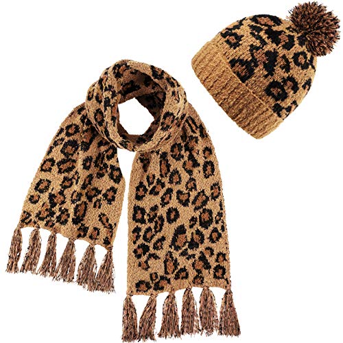 Leopard Pattern Soft Beanie Hat Warm Faux Fur Pom Knitted Hat with Leopard Pattern Tassel Scarf for Women