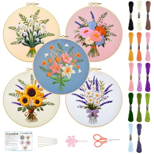 Image of ACRNIGHEET 5PCS Embroidery Kit for Beginners Embroidery Flower Sewing Pre Printed Pattern Embroidery Starter Kit with Instructions, Including 5 Stamped Embroidery Cloth and Various Accessories