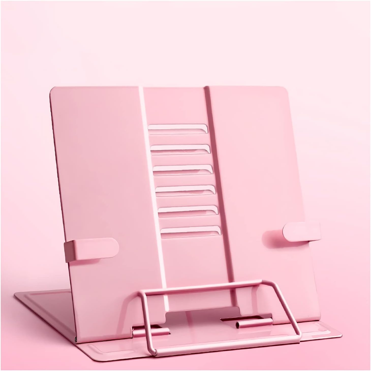 Book Stands and Holders for Reading Book Stand Reading Adjustable Document Holder with Page Clip Office Rest Metal Stand for Recipe Textbook Smartphone 8.3 x 7.5 inch for Kitchen and Office (Pink )