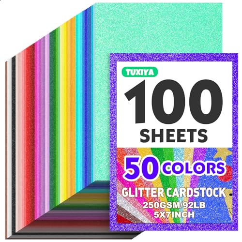 100 Sheets 5 X 7 Glitter Cardstock 50 Assorted Colors 250GSM/92LB Glitter Card stock No-Shed Sparkly Glitter Paper for Arts and Crafts Decorative Card Making Scrapbooking DIY Projects