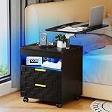 Lareth Height Adjustable Nightstand with Charging Station, LED Bedside Table 2 Drawers, Smart Wooden End Table Dorm Rolling Side Table Laptop Workstaion with Wheels for Bedroom, Black