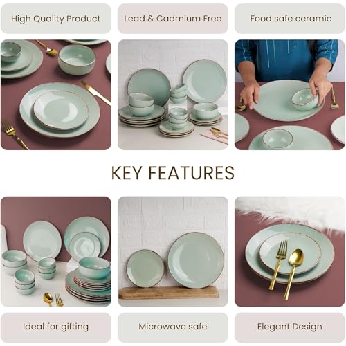 Image of The Earth Store Handcrafted Glossy Mint Marble Ceramic Dinner Set, 21 Pieces Serving for 6, Microwave and Dishwasher Safe, Bone-Ash Free, Crockery Set for Dining and Gifting