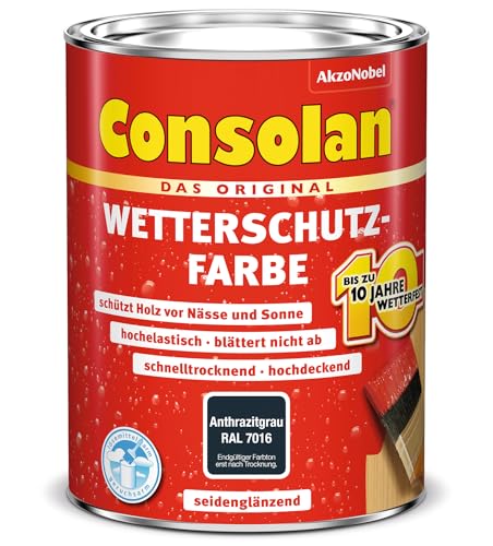 Consolan Wetterschutz-Farbe, Deckender Holzschutz für Außen, Anthrazitgrau, 750 ml