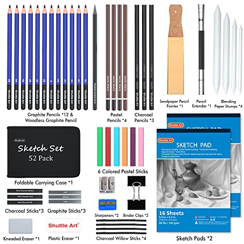Drawing Kit, Shuttle Art 52 Pack Drawing Pencils Set, Professional Drawing Art Kit With Sketch Pencils, Graphite Charcoal Sticks, Drawing Pad In Portable Case, Drawing Supplies For Kids Adults Artists #TOP1