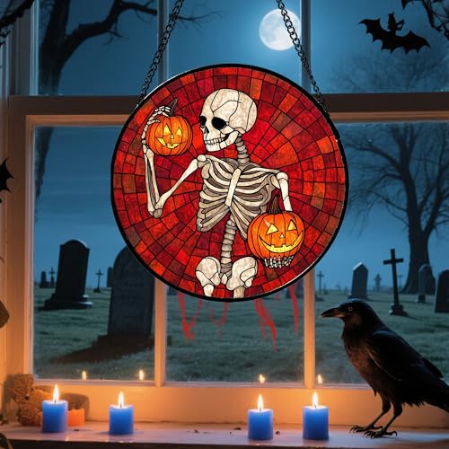 Image of Stained Glass Window Hanging - Halloween Decorations Skeleton Pumpkin Suncatcher for Doors Garden Indoor Spooky Funny Sun Catchers Gothic Decor Horror Gifts for Women Men Friend 7.8 in