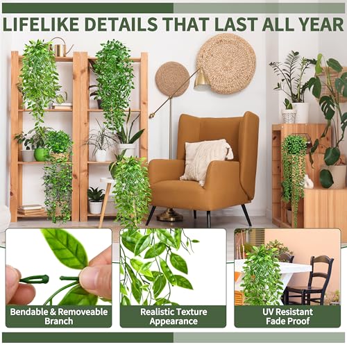 Image of Palonu 4 Pack Faux Artificial Hanging Plants, UV Resistant Fake Potted Greenery with Eucalyptus Vine, Mandala, Pea Pod Leaves & String of Pearls in Pots for Living Room Bathroom Indoor Outdoor Decor