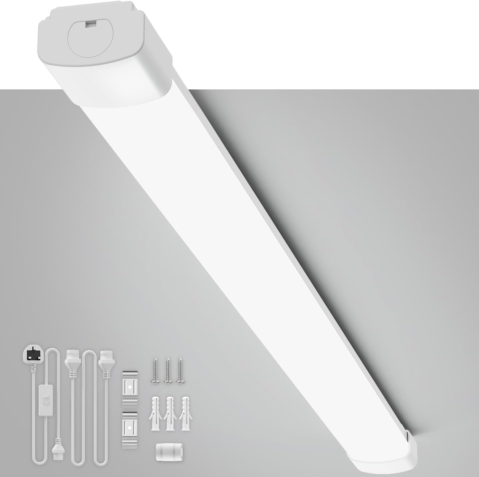 – Plug in LED Batten Lights 5 Pack, 4ft 6500K Daylight 36W, IP65 Waterproof, Linkable Plug in Tube Lights for Garage Office Kitchen Workshop Warehouse Shed Loft, Wall or Ceiling Lighting with Switch