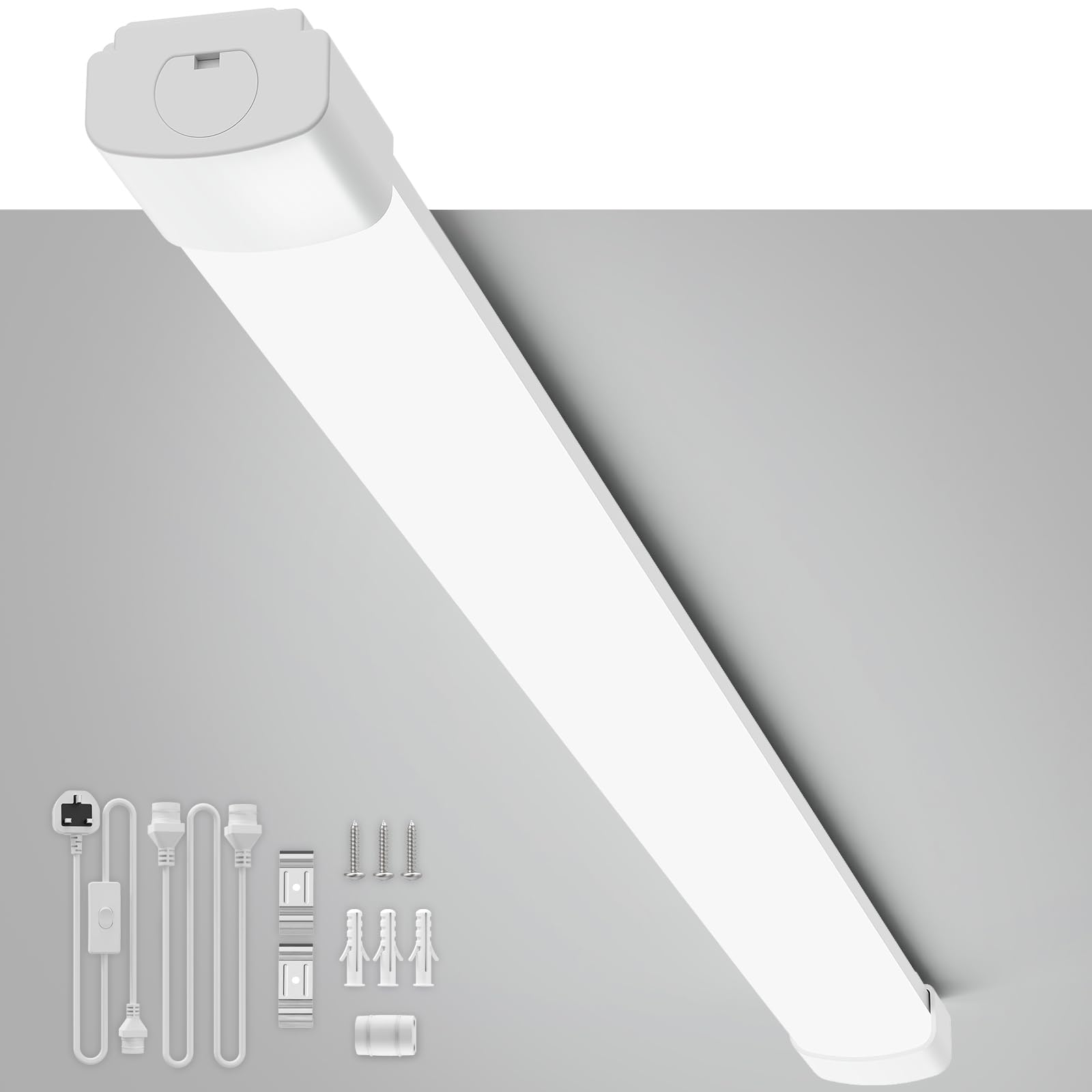 Plug in LED Batten Light 4ft 6500K Daylight 36W 4000LM, IP65 Waterproof, Linkable Plug in Tube Lights for Garage Office Kitchen Workshop Warehouse Shed Loft, Wall or Ceiling Lighting with Switch
