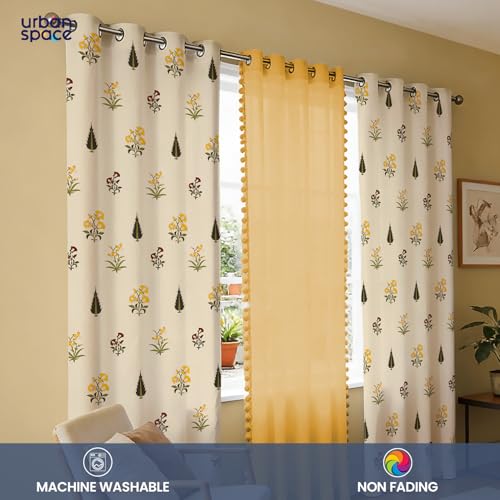 Image of Urban Space Printed 100% Cotton Curtain for Window, Cotton & Sheer Combo Set of 3 Curtains 5 Feet Long, Tieback & Eyelets Included with Curtains for Room Darkening (High Garden & Yellow pom pom)