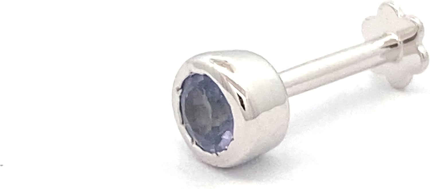 Demira Jewels 3.5MM Semi-Precious Stone Bezel Set Design Nosepin in 14K Gold and 8MM Internally Threaded Screwback.