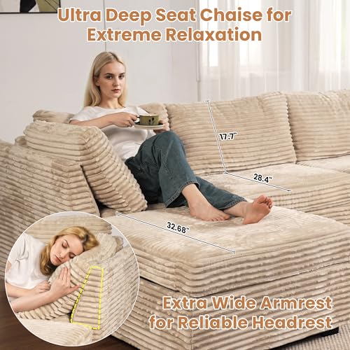 Image of ovios Modular Sectional Sofa Couch with U-Shape Chaises Convertible, Comfy Plush Corduroy Cloud Couches, Modern Luxury Deep Seat Sofas Set for Living Room, 6-Seater, Beige