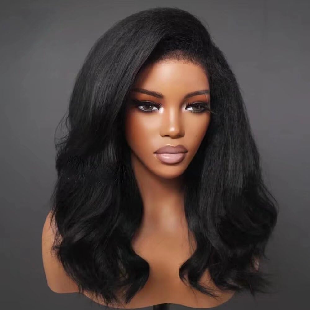 Kinky Straight Wavy Glueless Wig With Kinky Edges Brazilian Human Hair 13X4 HD Transparent Lace Front Wigs Pre Plucked with Bleached Knots for Women Kinky Hairline Yaki Loose Wave Wig 150 Density