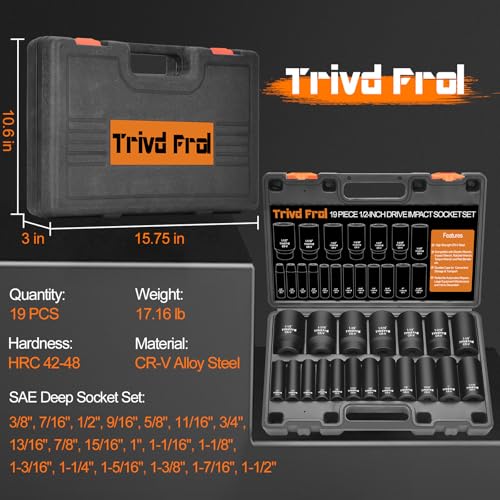 Image of SAE Impact Socket Set - 1 /2 inch Drive, 19pc Deep Socket Set 3 /8 inch to 1-1 /2 inch, Cr-V Steel, Double Lock Case