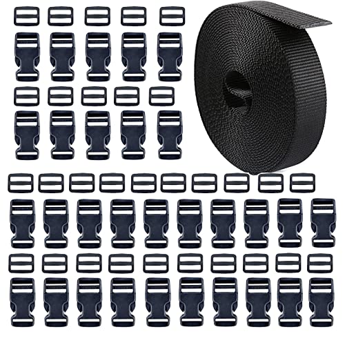 HUAZIZ 30 Piezas Hebillas de Plastico Correa Nylon 25mm*10m Hebilla Liberacion Rapida Hebillas para Mochilas Bolsos Reparación Reemplazo Hacer Bricolaje Collares de Perros Carpa Negro