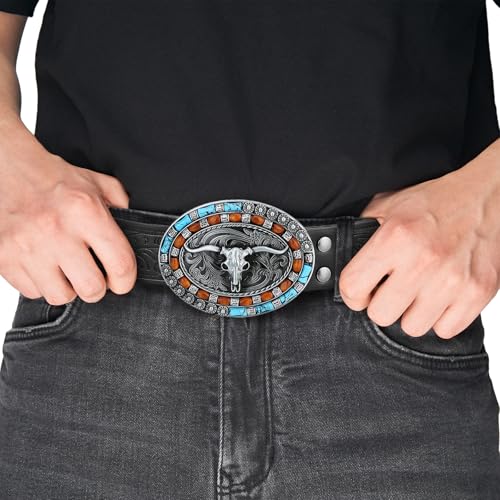 Image of Mens Western Cowboy Cowgirl Faux Leather Belt Longhorn Bull Pattern Letter Big Buckle Embossed Floral Belts