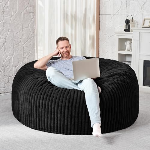 Image of HABUTWAY 4FT Bean Bag Chair, 4' Large Bean Bag Chairs for Adults with Removable Stripe Plush Cover, Memory Foam Beanbag Chair for Living Room Bedroom Dorm (Black)